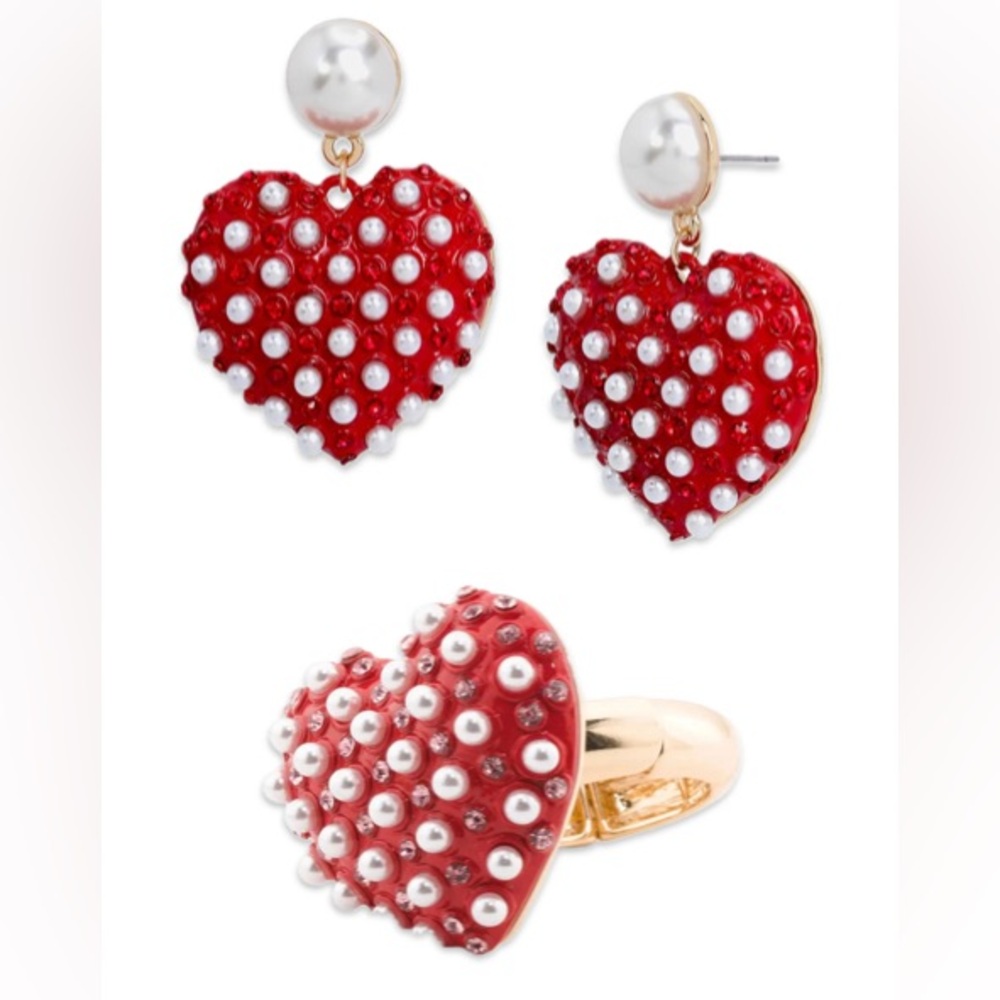 Lot of 2x NWT [Betsey Johnson] XOXO Pearl Heart Statement Earrings & Ring Set - Picture 2 of 15